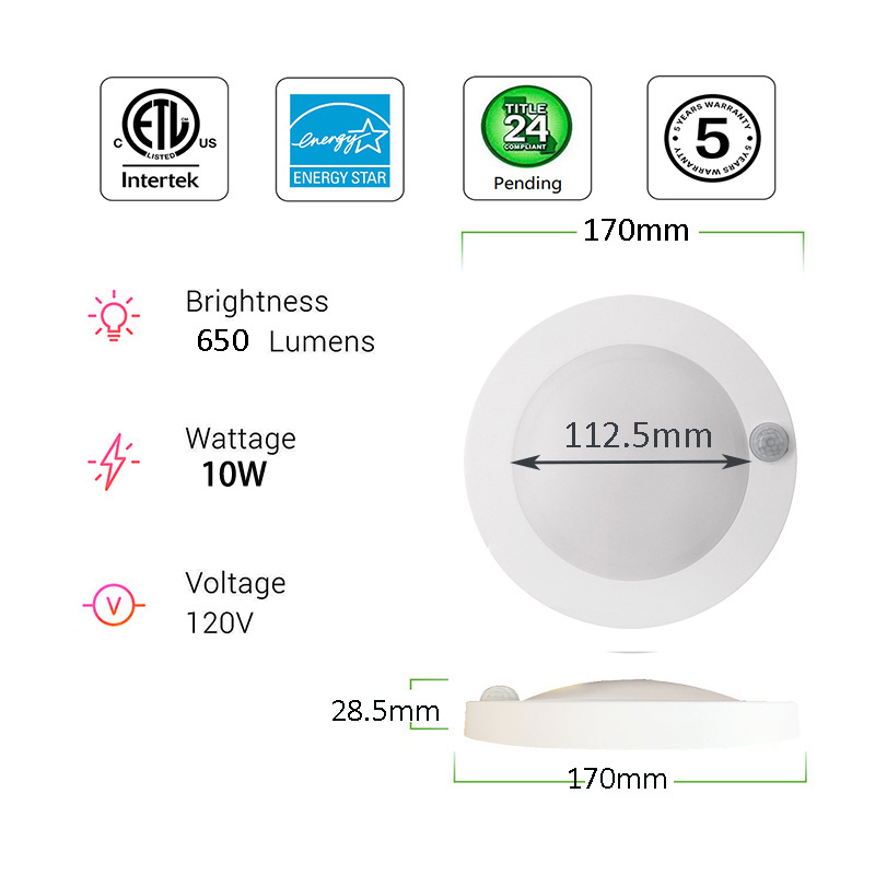 LED PIR Motion Sensor Flush Mount Ceiling Lighting Fixture 10W 650lm Closet Light with Motion Sensor or Hallway Stairway Garage