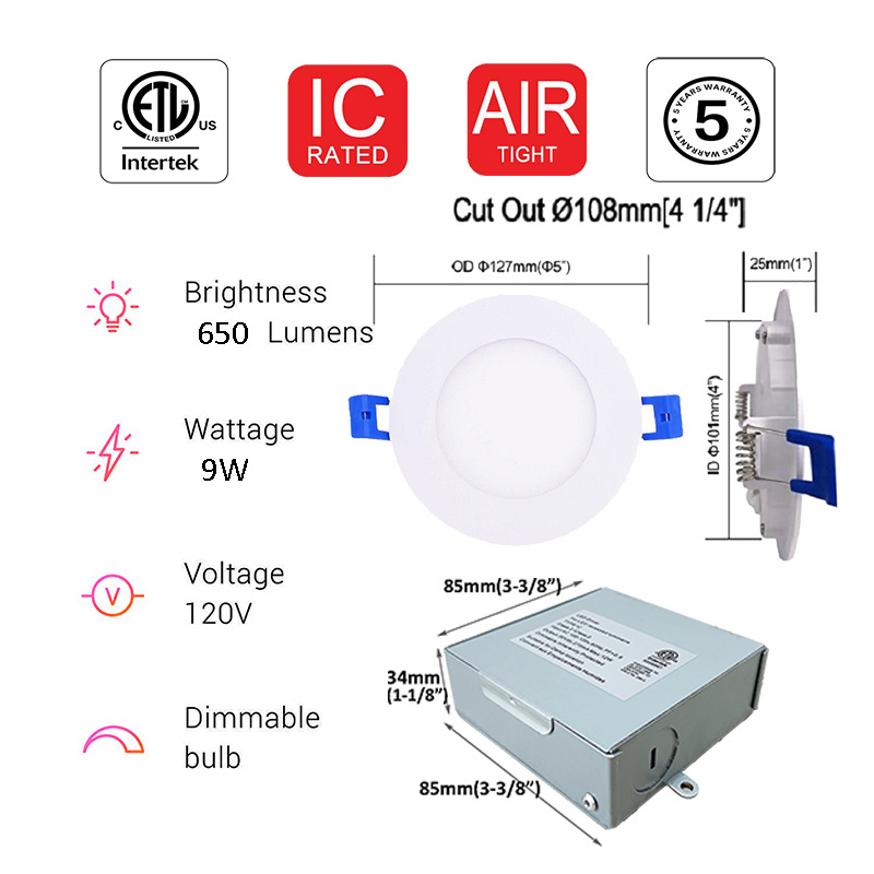 4 Inch LED Recessed Low Profile Wafer Ultra Thin Slim Panel Down Light Fixture