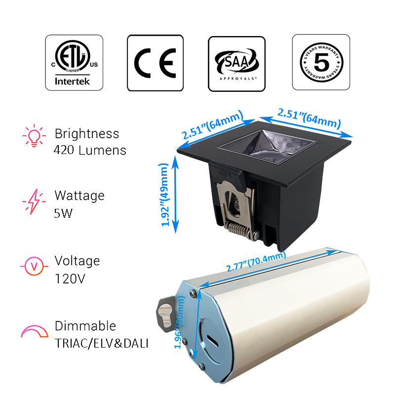 ETL Mini Combo Down Light 5W Bevel Micro Ray Laser Light TRIAC/ELV Dimmable 1 Cell Unico Square Recessed Multi Downligy