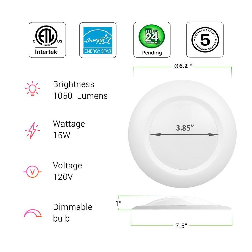 ETL 6 Inch LED Disk Ceiling Light Flush Mount LED Disk Light 3000K Warm White Wet Rated Dimmable Installed in J Box