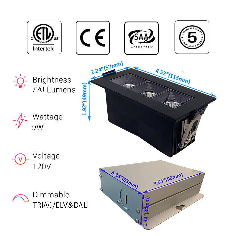 ETL LED Nuggets Recessed Downlight 3 Cell IC Rated 9 Watts, 120VAC 720LM CRI90 Dimmable led micro ray light