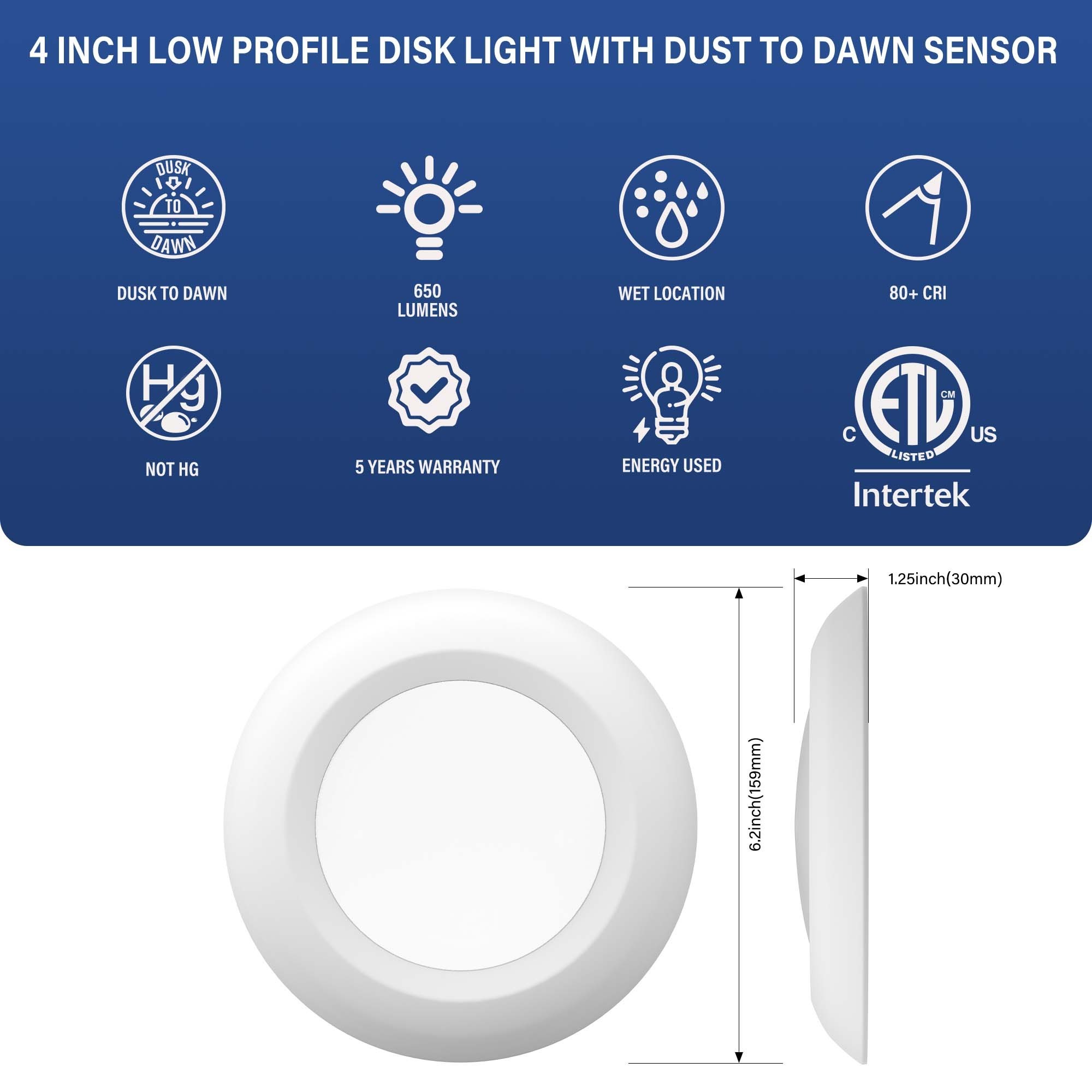 Intertek Dusk to Dawn Sensor Light 4 Inch LED Slim Flush Mount Disc light DOB Technology 10W 650LM 2700K-5000K