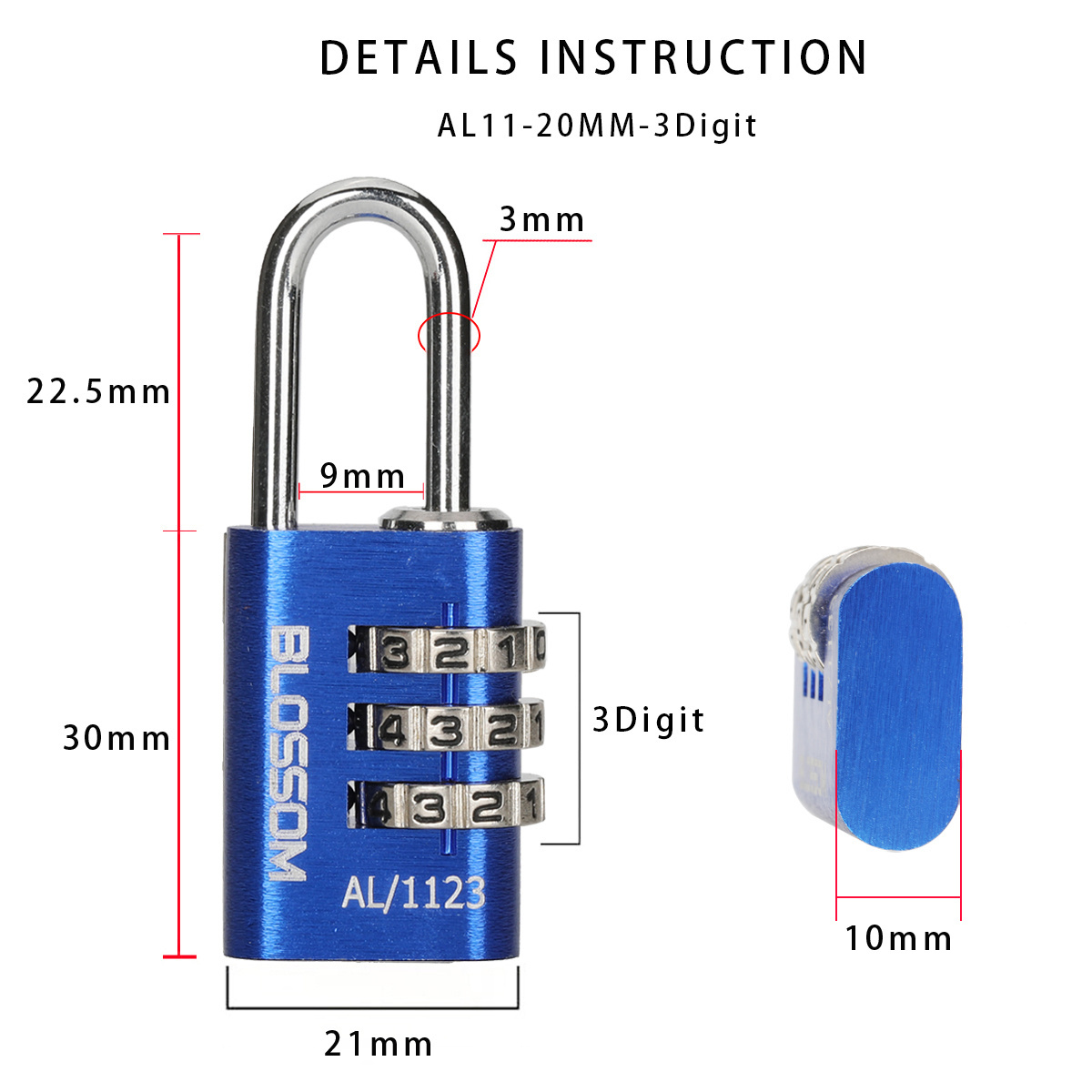 AL11 20MM 3 Digit Password Pad Lock Code Outdoor Travel Luggage Padlocks Cabinet Bags Cases Aluminum Combination Digital Padlock