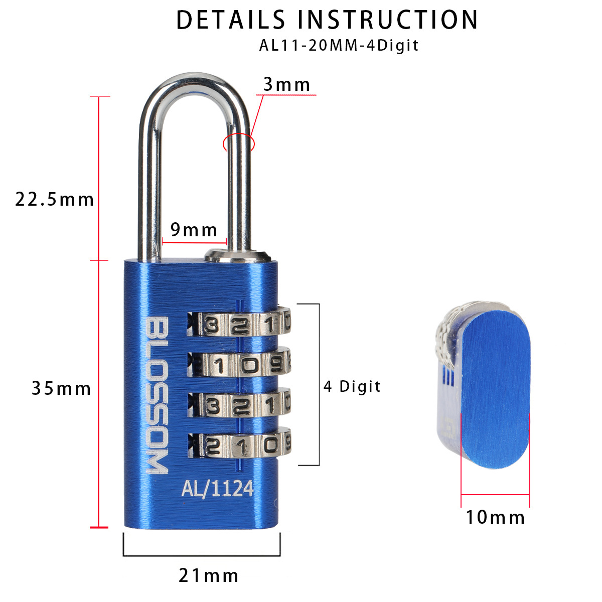 AL11 20MM 4 Digit  cipher backpack lock mini keyless code bag pack padlocks number handbag aluminum combination padlock