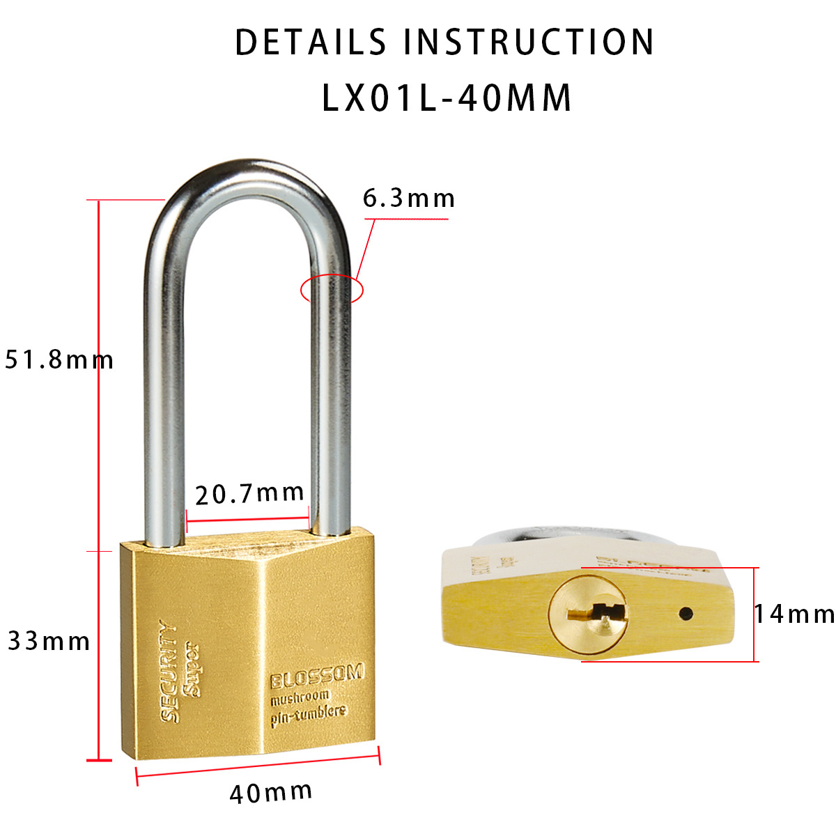 LX01L 40mm Customized Diamond Lock Copper Pad Lock Padlocks With 3 Brass Keys Diamond Type Long Shackle Brass Padlock