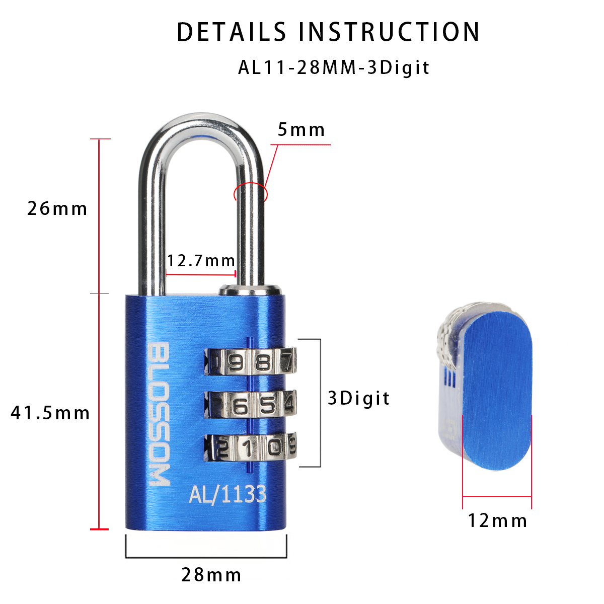 AL11 28mm 3 Digits luggage wheel lock with code padlocks combination lock outdoor journey handbag aluminum combination padlock