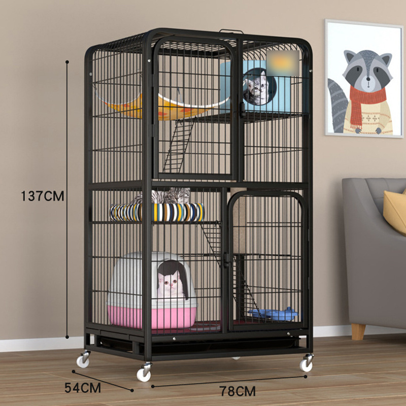 Large Collapsible Metal Cat Kitten Ferret Cage 360 Rotating Casters Enclosure Pet Playpen with Ramp Ladders Hammock