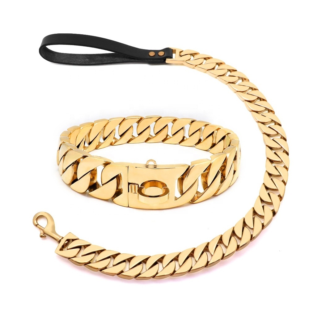 Pet Hiphop Leads Kit Luxury Gold Collares Big Dog Chains Dog collars choke necklace Collar Leash Bully link Cuban dog Chain