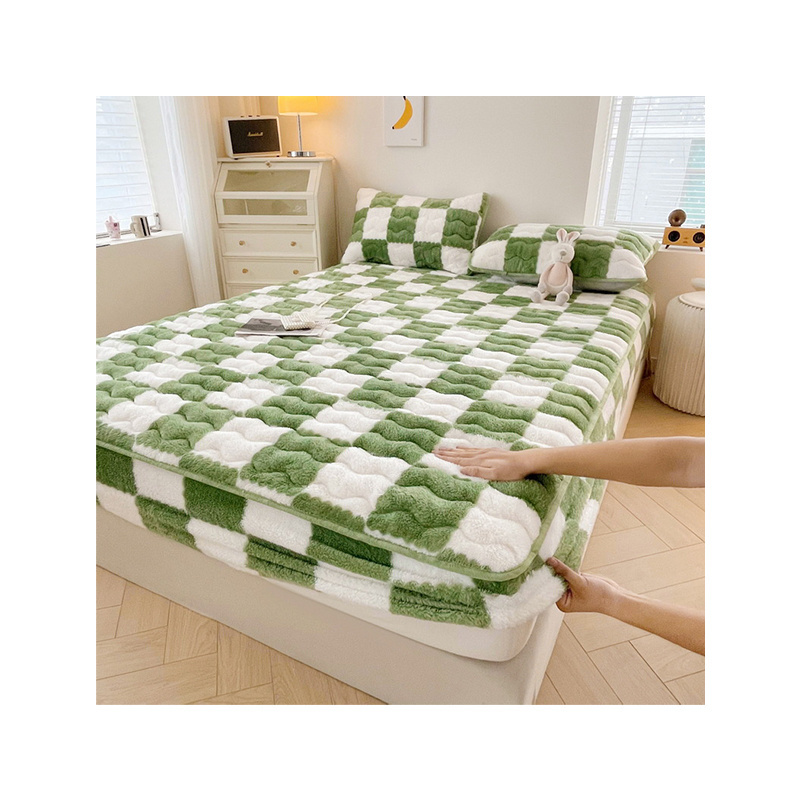 Green Quilting Mattress Protector with Milk fleece , Breathable Premium Mattress Cover,fitted bedding sheet set for winter