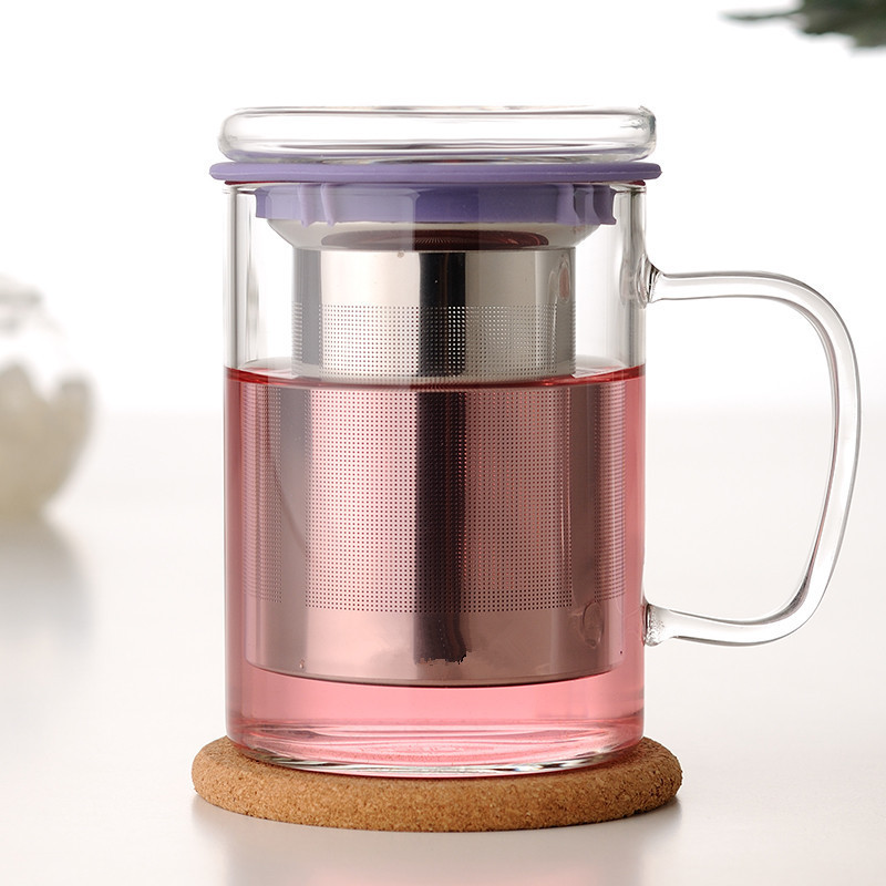 AIHPO07 Clear Drinking Big Oversize Glass Tumbler Tea Cup with Infuser Handle Strainer Lid