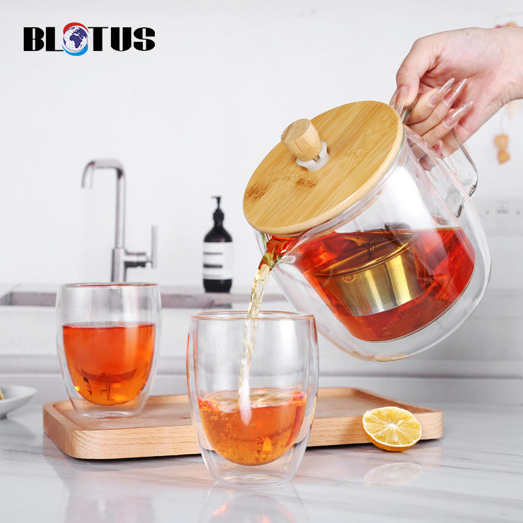 Clear Custom Borosilicate Thermal Black Tea Pot Kettle Maker Handmade Double Wall Glass Teapot with Loose Tea Infuser Bamboo Lid