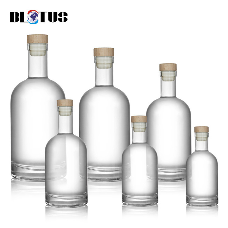 New Arrival Custom Flint Clear Round Classical Empty Whiskey Brandy Gin Rum Vodka Tequila Liquor Glass Bottle with Cork Stopper