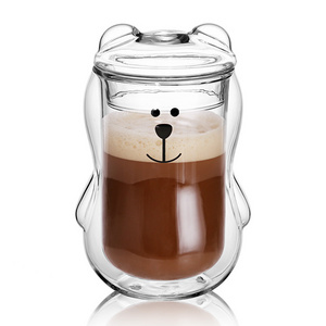 300 ml Espresso Coffee Tea Mug Glass Cute Bear Design Mug 3D Glasses Cup with Lid Heat-resistant Double Wall Milk Beer Juice Dri