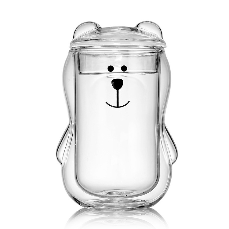 300 ml Espresso Coffee Tea Mug Glass Cute Bear Design Mug 3D Glasses Cup with Lid Heat-resistant Double Wall Milk Beer Juice Dri