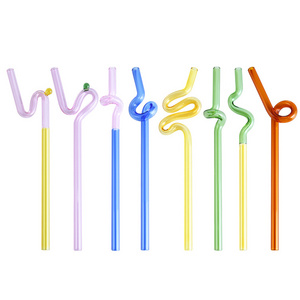 Hot sales high borosilicate glass straw Wavy Glass Silly Straws Reusable customized shape colorful straw for kid and adults