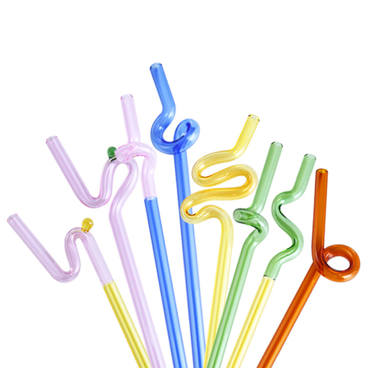 Hot sales high borosilicate glass straw Wavy Glass Silly Straws Reusable customized shape colorful straw for kid and adults