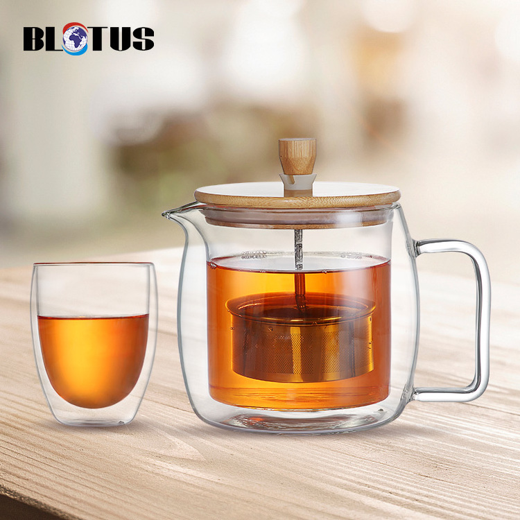 Clear Custom Borosilicate Thermal Black Tea Pot Kettle Maker Handmade Double Wall Glass Teapot with Loose Tea Infuser Bamboo Lid