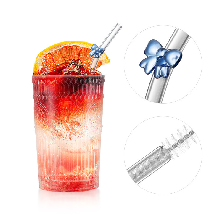 Handmade glass borosilicate glass coloful ribbon straw cup glass butterfly pink reusable bow straws with brush