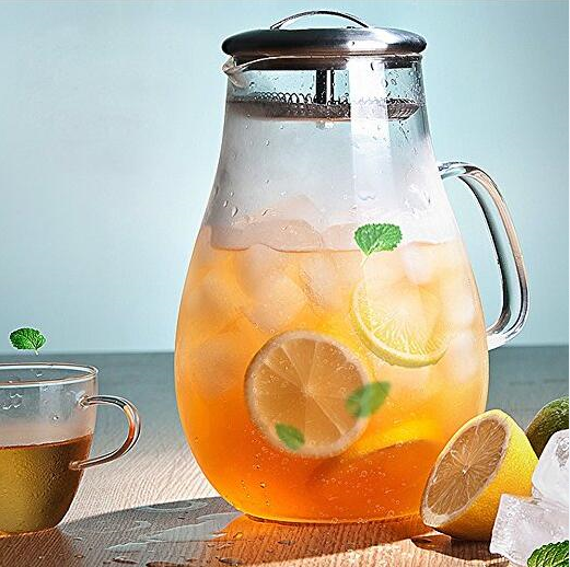 64 Ounces Glass Pitcher with Stainless Steel Lid, Water Carafe with Handle Good Beverage Pitcher for Homemade Juice and Iced Tea