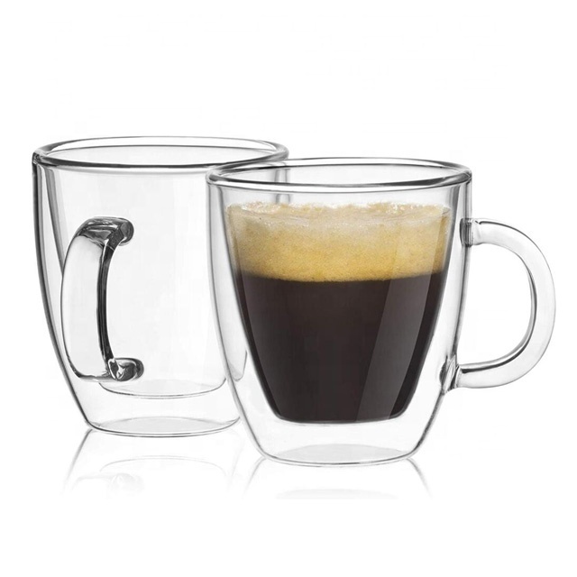 Double Wall Insulated Clear Glass Coffee Tea Mug with handle and Saucer,Espresso Mugs Latte Mug ,Glass Cappuccino Cups