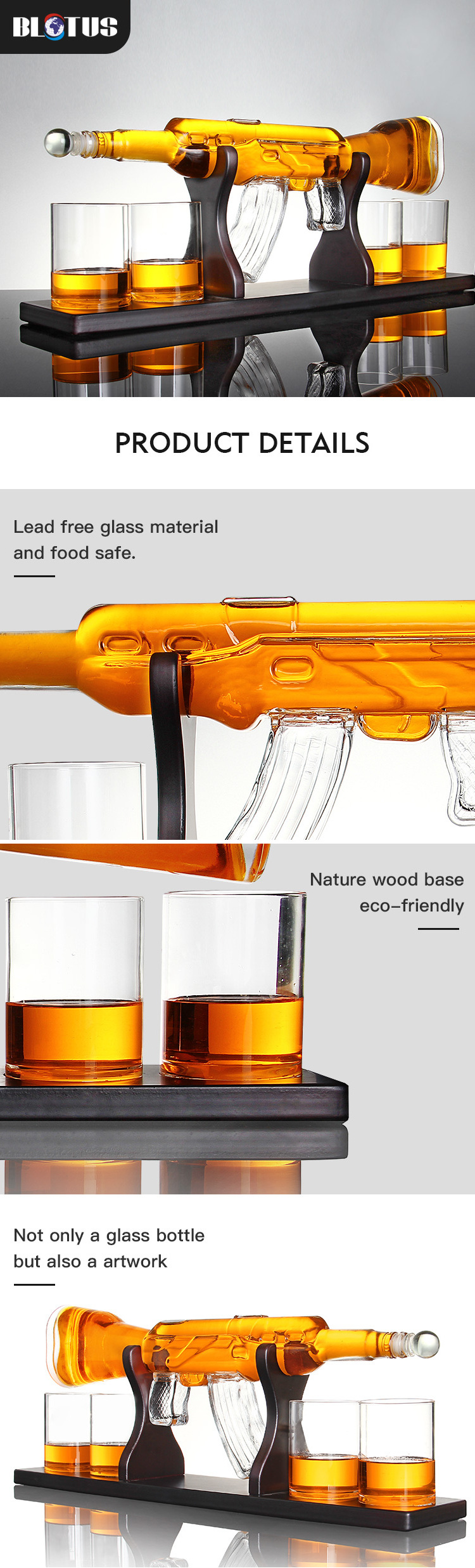 AK 47 Gun Shaped Bottle Glass Whiskey Decanter - Liquor Dispenser for Bourbon, Vodka, Tequila, Whiskey