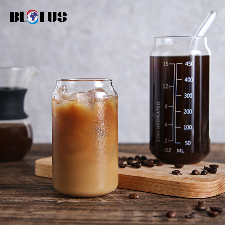 Hot sale 16oz Soda Pop Cups Mugs Bottle Drinking Glasses Beer Can Shaped Boba Glass Cup with Straw and  Bamboo Lid For Drinking