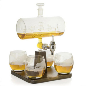 Top selling Handmade 1000ML Glass barrel Whiskey wine Decanter whiskey set with whiskey glasses whisky cup