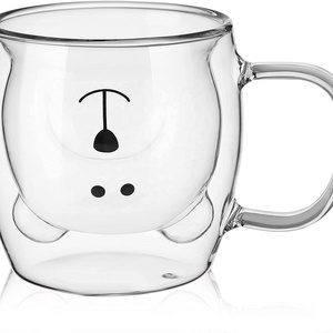 Top Selling Double Wall Insulated Glass Animal Coffee Mug Cute Milk Tea Mugs Couple Espresso Cups Bear Cup with Handle