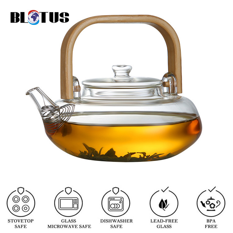 Hot Kettle Top Sellers Selling Borosilicate Heat Resistant Cup Leaf Flower Tea Kettle Glass Teapot with Wood Bamboo Handle