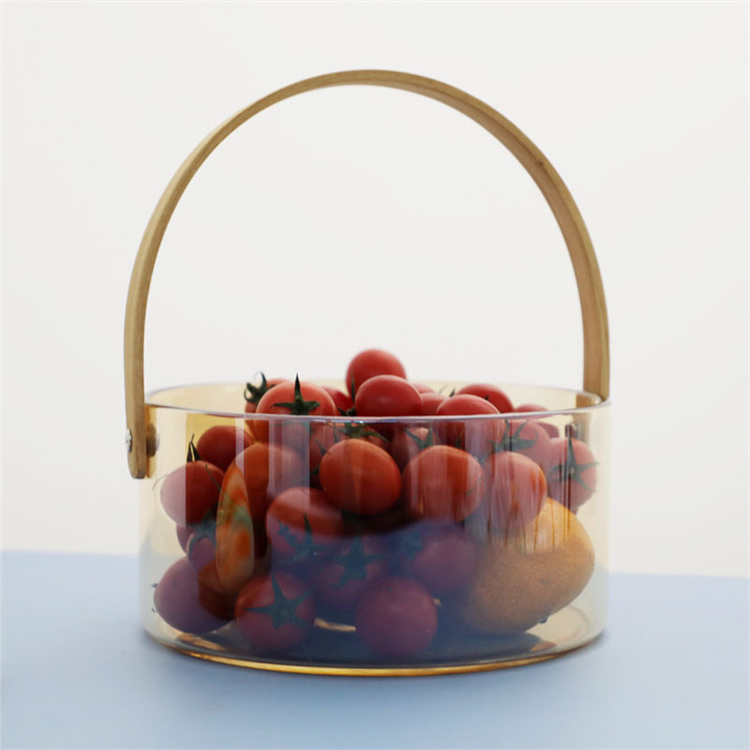 AIHPO Wholesale Clear Glass Jar Fruit Flower Arrangement Basket Transparent Basket Clear Storage Organizer with Leather Handle