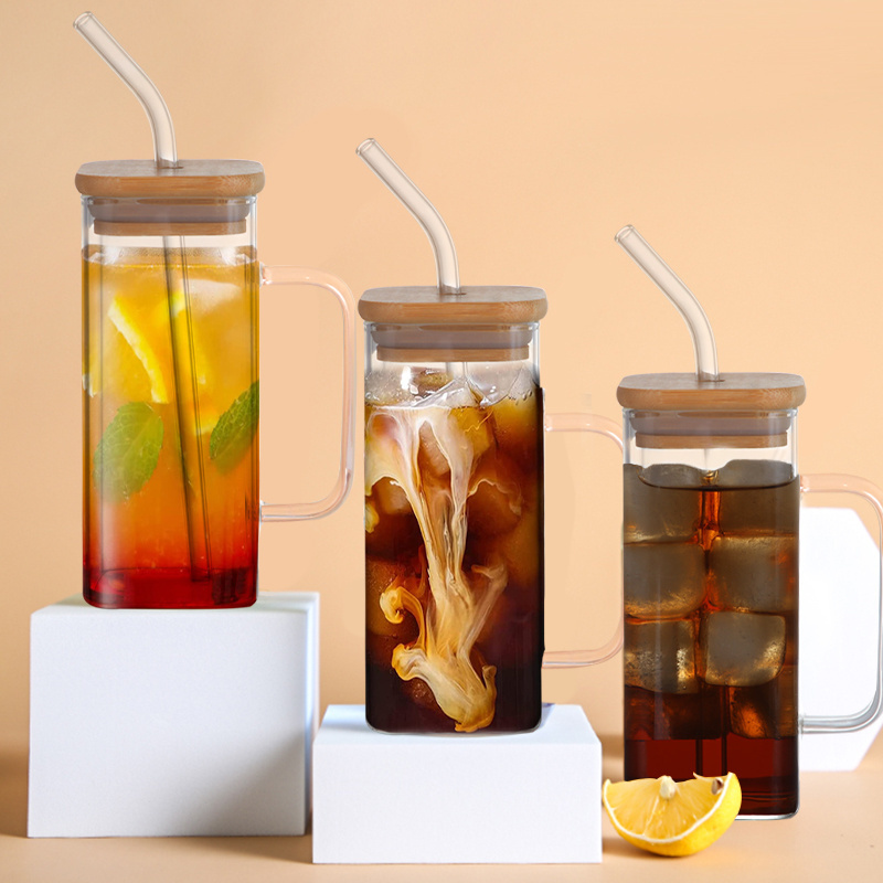 Top Selling Water Tumbler Clear Glassware Drinkware Iced Coffee Tea Mug Drinking Glasses Square Glass Cup with Lid Straw Handle