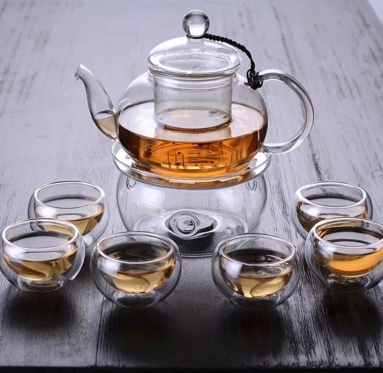 6 Wholesale Borosilicate heat resistant  Glass Teapot Tea Gift Set with Infuser Steel Filter Strainer and Warmer glass teapot