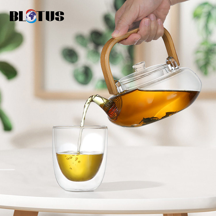 Hot Kettle Top Sellers Selling Borosilicate Heat Resistant Cup Leaf Flower Tea Kettle Glass Teapot with Wood Bamboo Handle