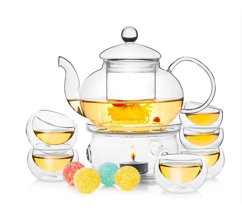 Wholesale Custom Transparent Borosilicate Glass Portable Tea Sets With Teapot With Tea Warmer Lead Free