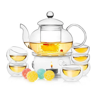 Wholesale Custom Transparent Borosilicate Glass Portable Tea Sets With Teapot With Tea Warmer Lead Free