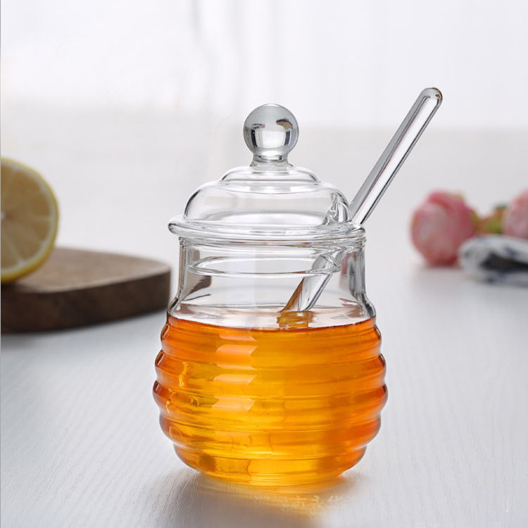 Factory Unique Empty Decorative Eco Friendly 280ml Hand Made Blown Unique Wholesale Wide Mouth Dispenser Glass Pot Honey Jar