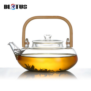 Hot Kettle Top Sellers Selling Borosilicate Heat Resistant Cup Leaf Flower Tea Kettle Glass Teapot with Wood Bamboo Handle