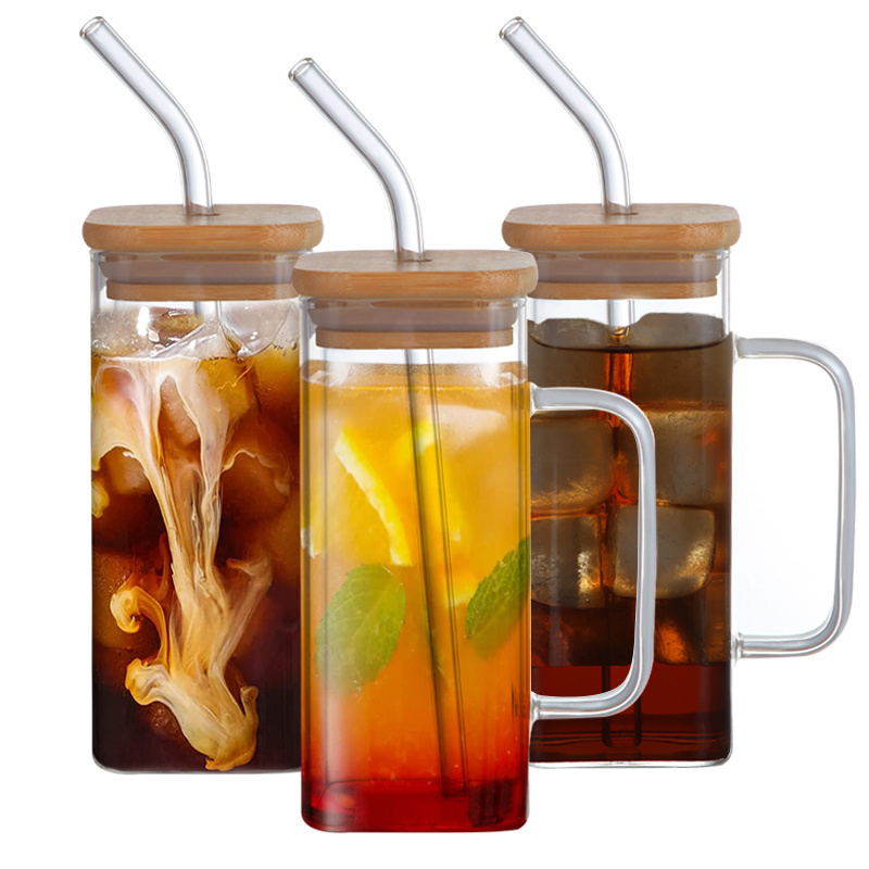 Top Selling Water Tumbler Clear Glassware Drinkware Iced Coffee Tea Mug Drinking Glasses Square Glass Cup with Lid Straw Handle