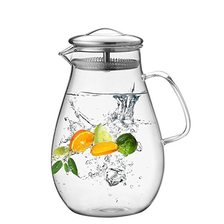 64 Ounces Glass Pitcher with Stainless Steel Lid / Water Carafe with Handle - Good Beverage Pitcher for Homemade Drinks