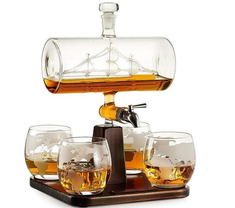 Top selling Handmade 1000ML Glass barrel Whiskey wine Decanter whiskey set with whiskey glasses whisky cup