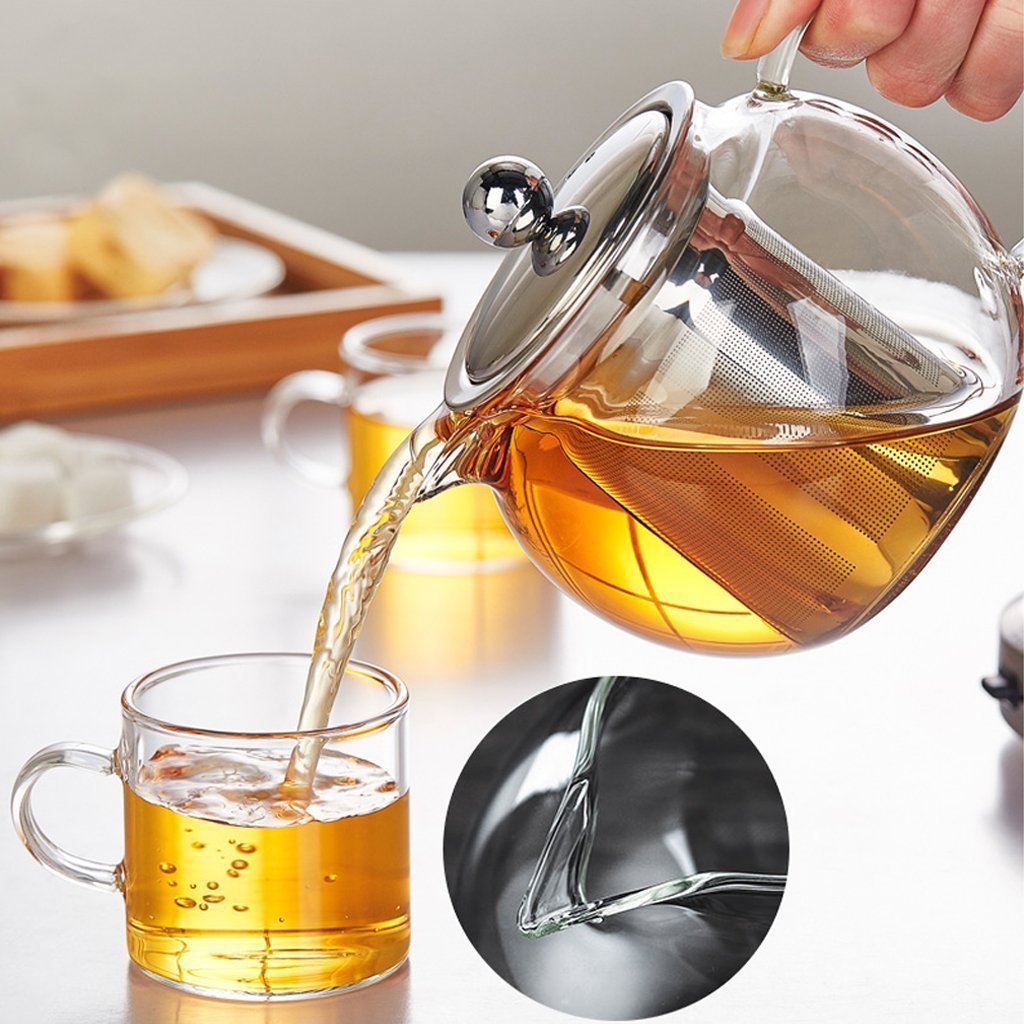 AIHPO06 Fancy Wholesale Large Factory Custom Clear 32oz 1L Tea Set Hand blown Glass Teapot with Stainless Steel Infuser Strainer