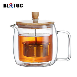 Clear Custom Borosilicate Thermal Black Tea Pot Kettle Maker Handmade Double Wall Glass Teapot with Loose Tea Infuser Bamboo Lid