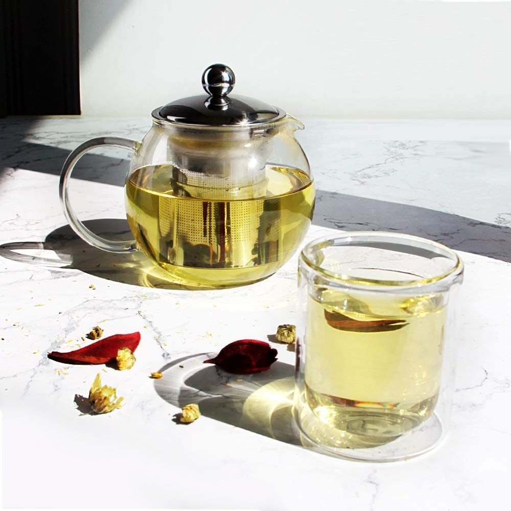 Tea Pot Warmer Set 1000ml Kettle Stovetop Teapot Stainless Steel Strainer Infuser Blooming Loose Leaf Tea Bags & Fruit