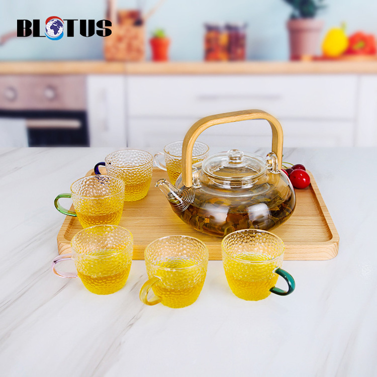 Hot Kettle Top Sellers Selling Borosilicate Heat Resistant Cup Leaf Flower Tea Kettle Glass Teapot with Wood Bamboo Handle