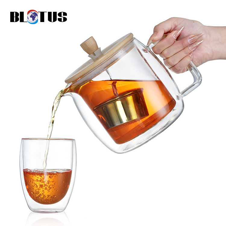 Clear Custom Borosilicate Thermal Black Tea Pot Kettle Maker Handmade Double Wall Glass Teapot with Loose Tea Infuser Bamboo Lid