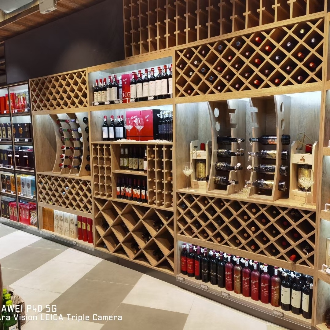 80Kg heavy duty metallic and wooden liquor supermarket shelves store design