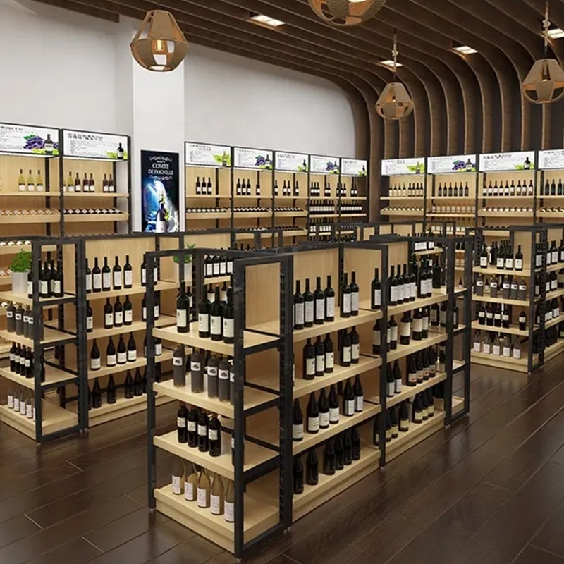 80Kg heavy duty metallic and wooden liquor supermarket shelves store design