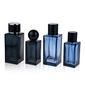 Glass Perfume Bottle Packaging 50ml 100ml Clear Blue Black Portable Square Luxury Empty Perfume Bottle With Sprayer