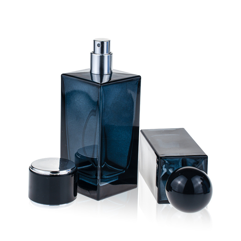 Glass Perfume Bottle Packaging 50ml 100ml Clear Blue Black Portable Square Luxury Empty Perfume Bottle With Sprayer