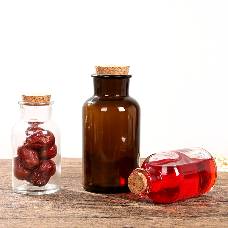 30ml-1L amber or clear wide mouth glass apothecary jar with wooden cork